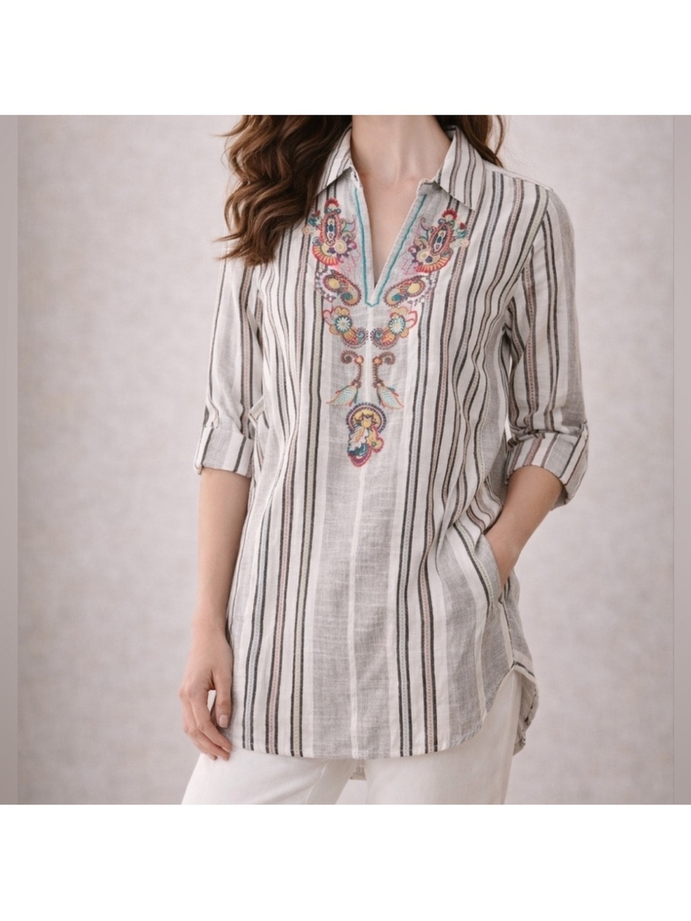 Soft Surroundings Embroidered Stripe Cotton Tunic Top Size Large Boho Lagenlook - Picture 8 of 16